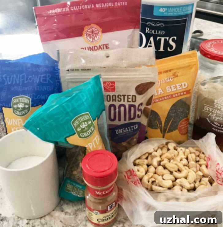 Ingredients for Energy Bars, including nuts, seeds, and dates