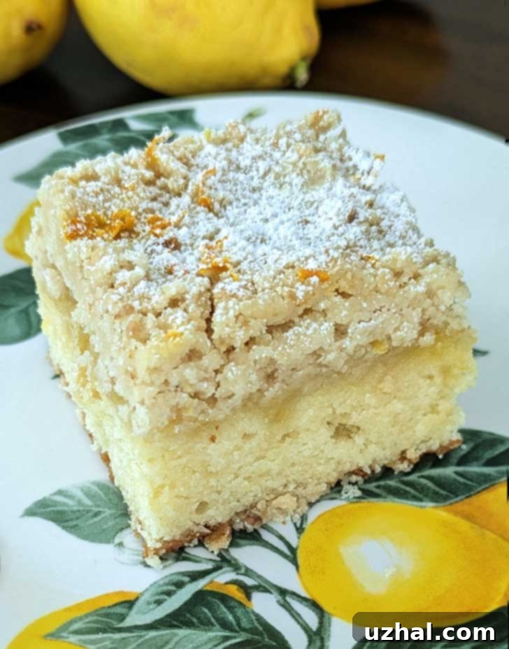 Decadent Lemon Crumb Cake with a sprinkle of confectioners' sugar