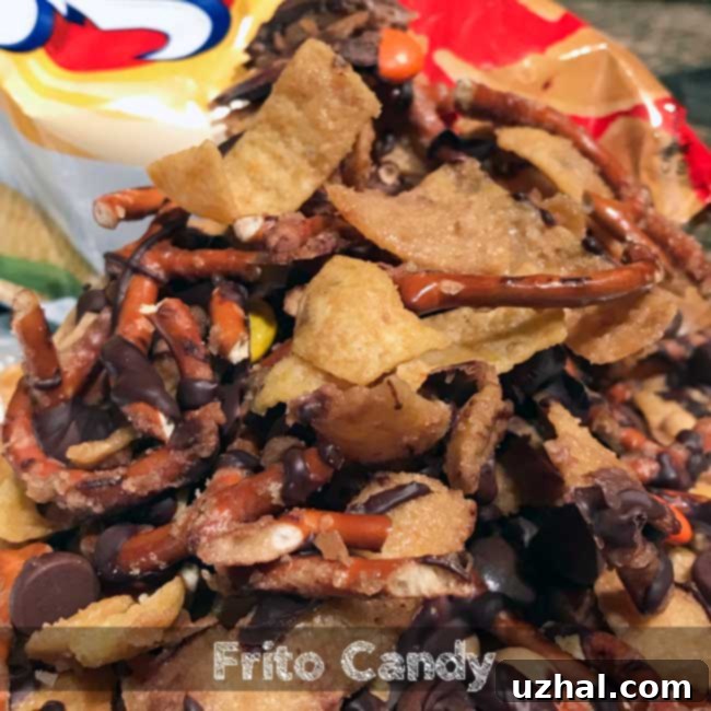 Frito Candy, a delicious sweet and salty snack featuring corn chips, pretzels, and peanut butter cups.