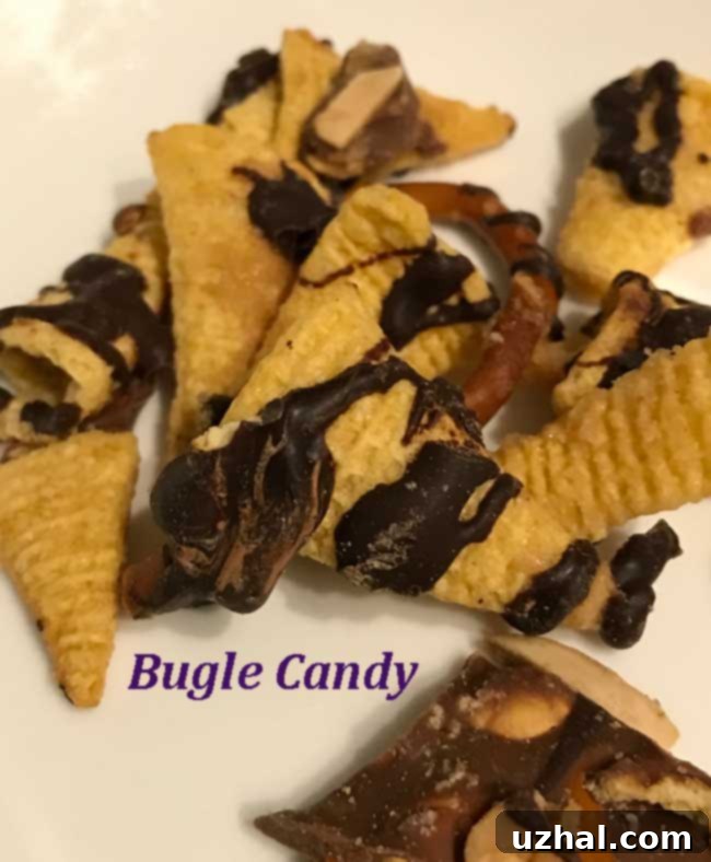 Bugle Candy, made with General Mills Bugles, coated in caramel and chocolate, a sweet and salty delight.