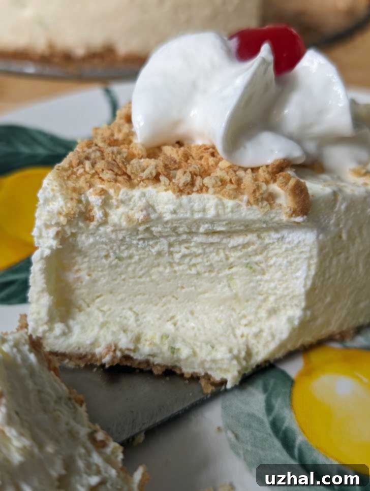 Close-up of Lime Delicious Cheesecake showcasing its creamy and fluffy texture with a vibrant green hue