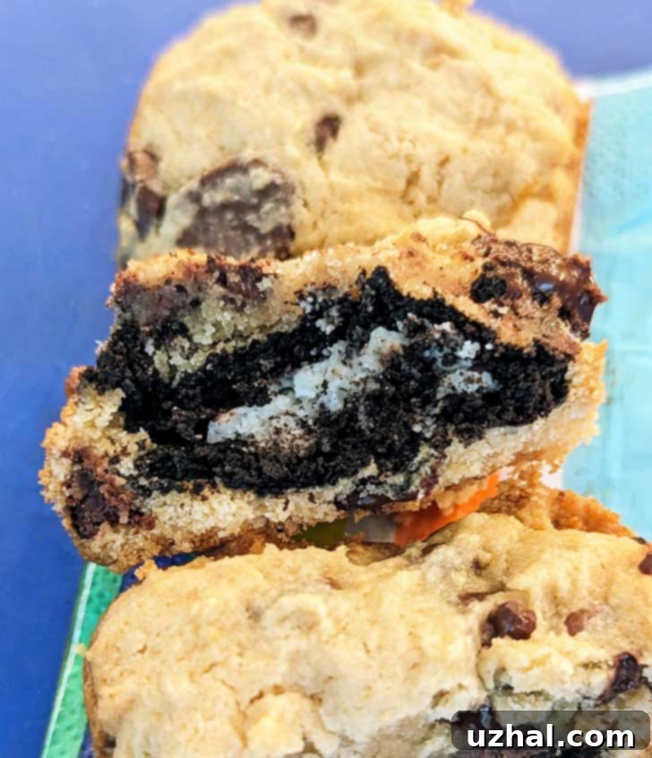 A close-up of a gluten-free chocolate chip cookie stuffed with a gluten-free Oreo, revealing the chocolate filling.