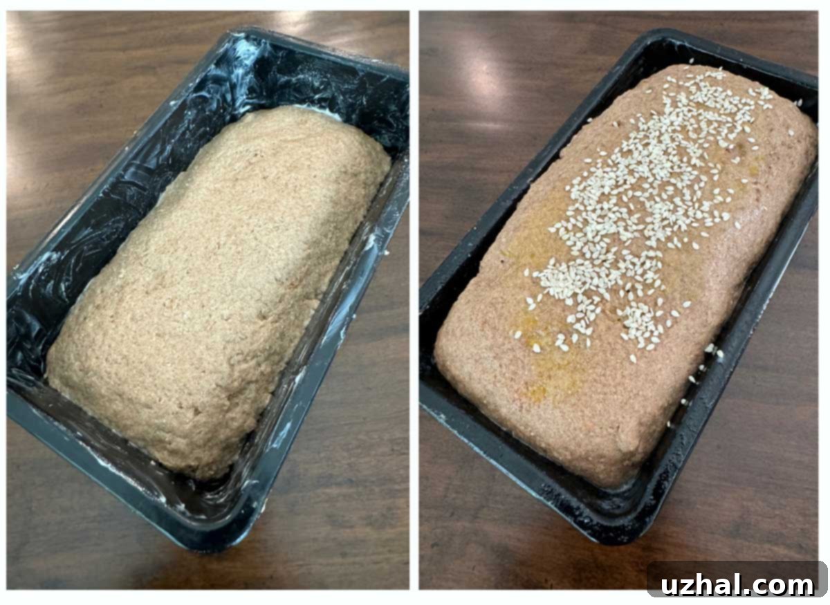 Gluten-Free Whole Grain Bread rising in an 8 ½ by 4 ½ inch loaf pan, showing a slightly different rise compared to a Pullman pan.