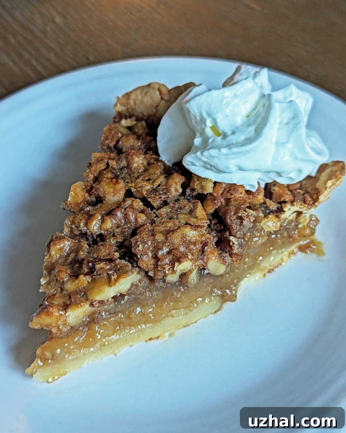 Delicious slice of Walnut Pie topped with whipped cream, ready to be enjoyed.