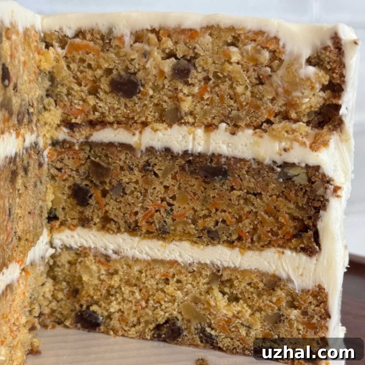 Classic Carrot Cake 3 Layers of Mrs. Fields Carrot Cake, showing slight variations in color from different baking soda levels