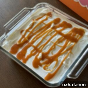 angel food cake bavarian in an 8-inch square dish with caramel sauce on it.