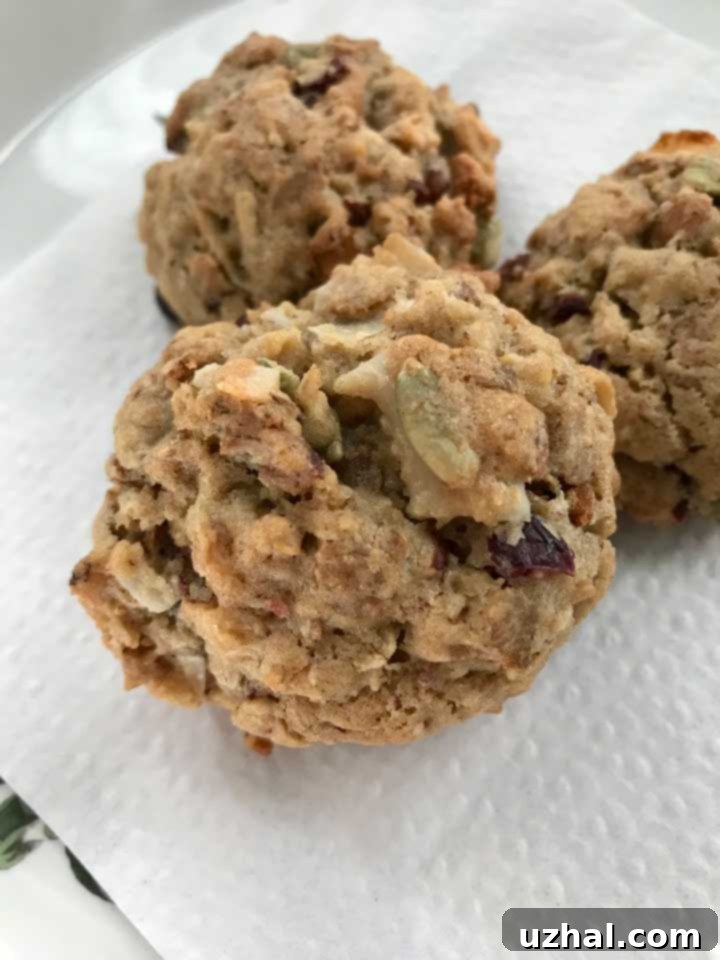 Five Grain Cereal Cookies piled high on a plate, showcasing their chunky texture