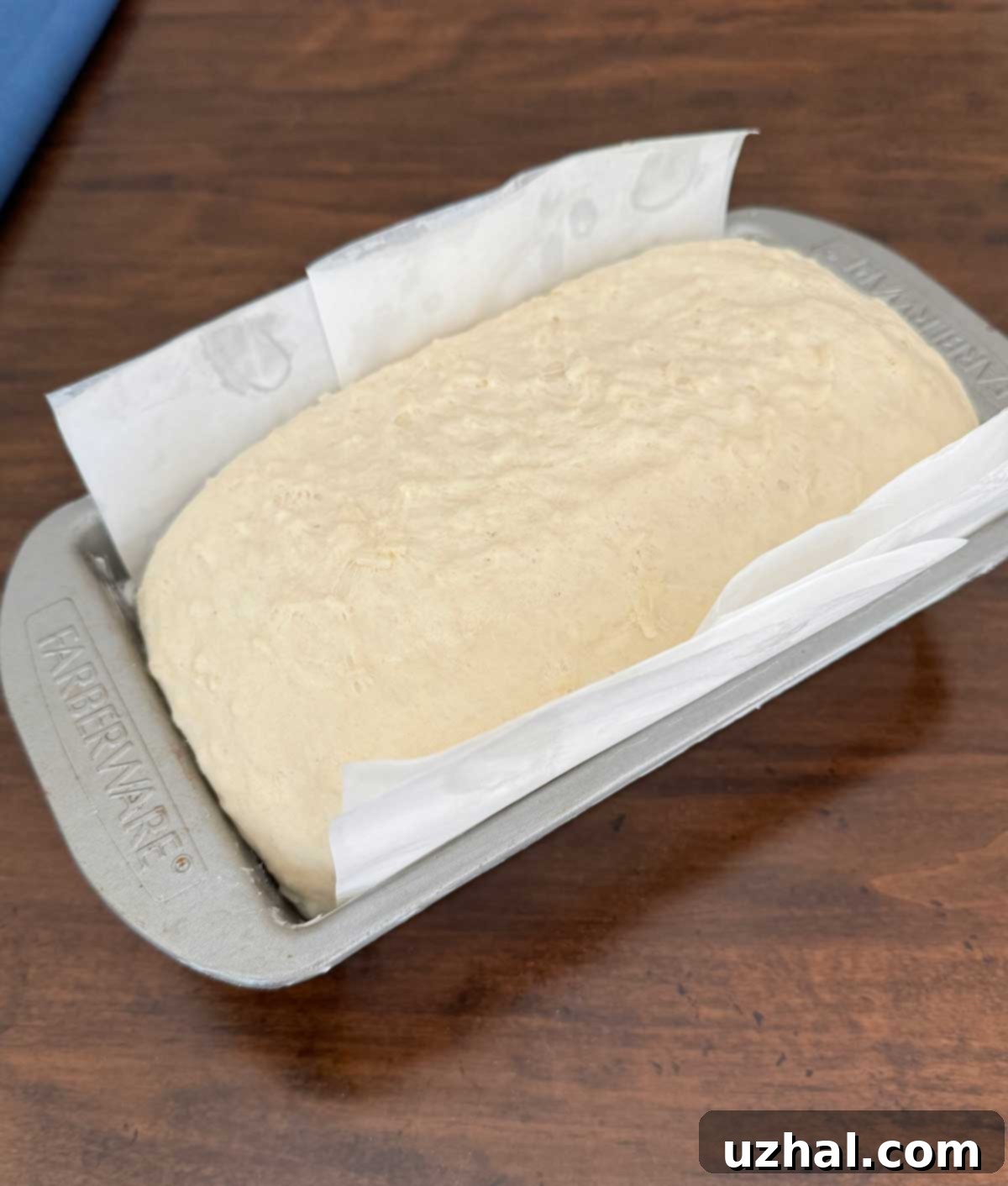 Ready-to-bake rice bread dough in a 9x5 inch pan with parchment paper support
