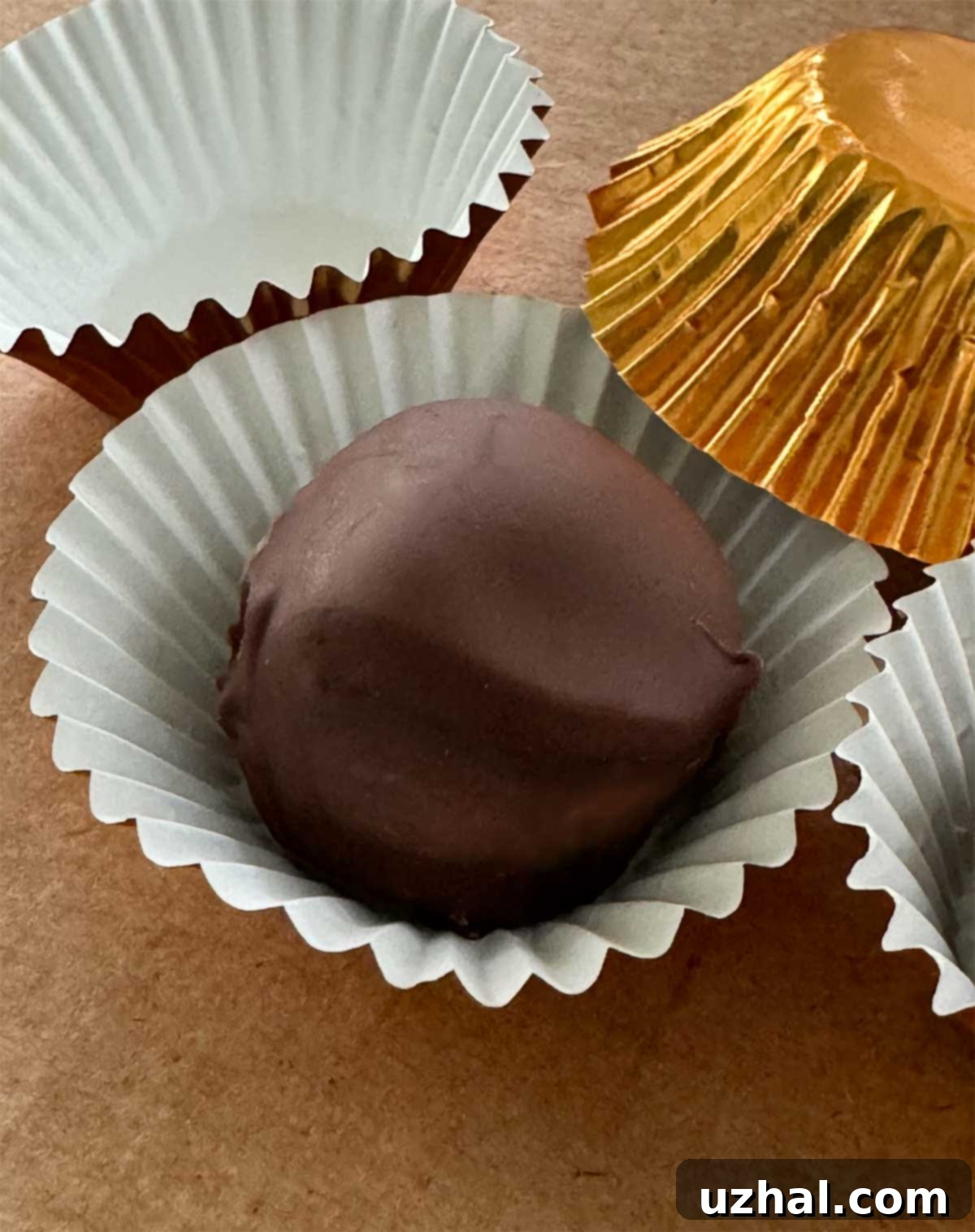 Close-up of a finished No-Bake Peanut Butter Butterfinger Ball, showcasing its smooth chocolate coating and hints of crunchy Butterfinger.