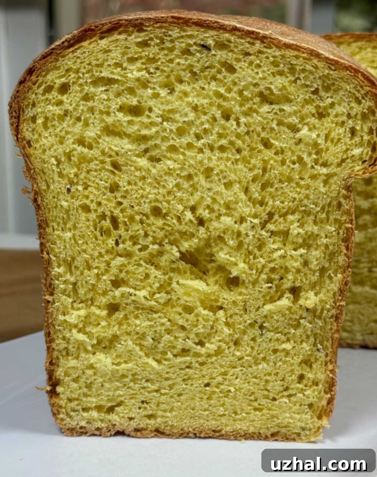 Big slice of dal bread, showcasing its golden color and soft texture