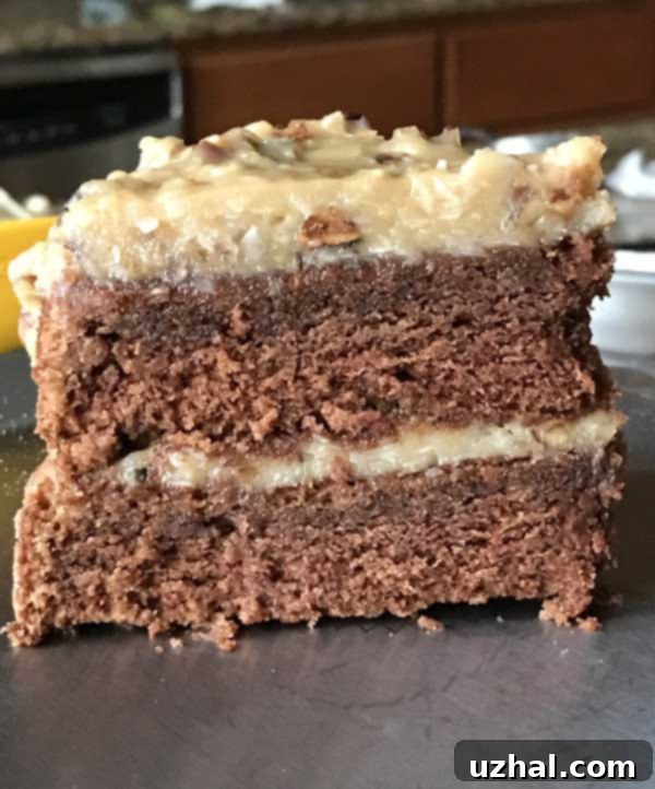 Small German Chocolate Cake on a white plate, ready to be served