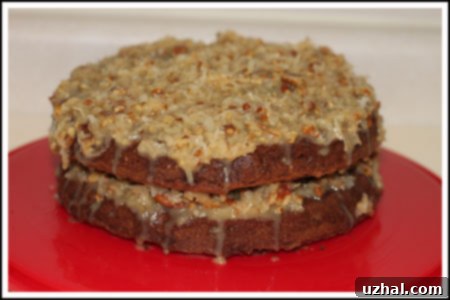 German Chocolate Cake with rich layers and coconut-pecan frosting