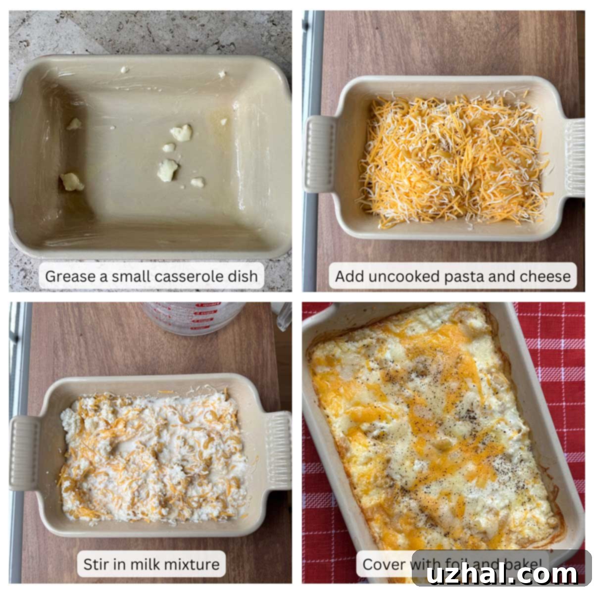 Step-by-step visuals for preparing small batch no-boil macaroni and cheese.