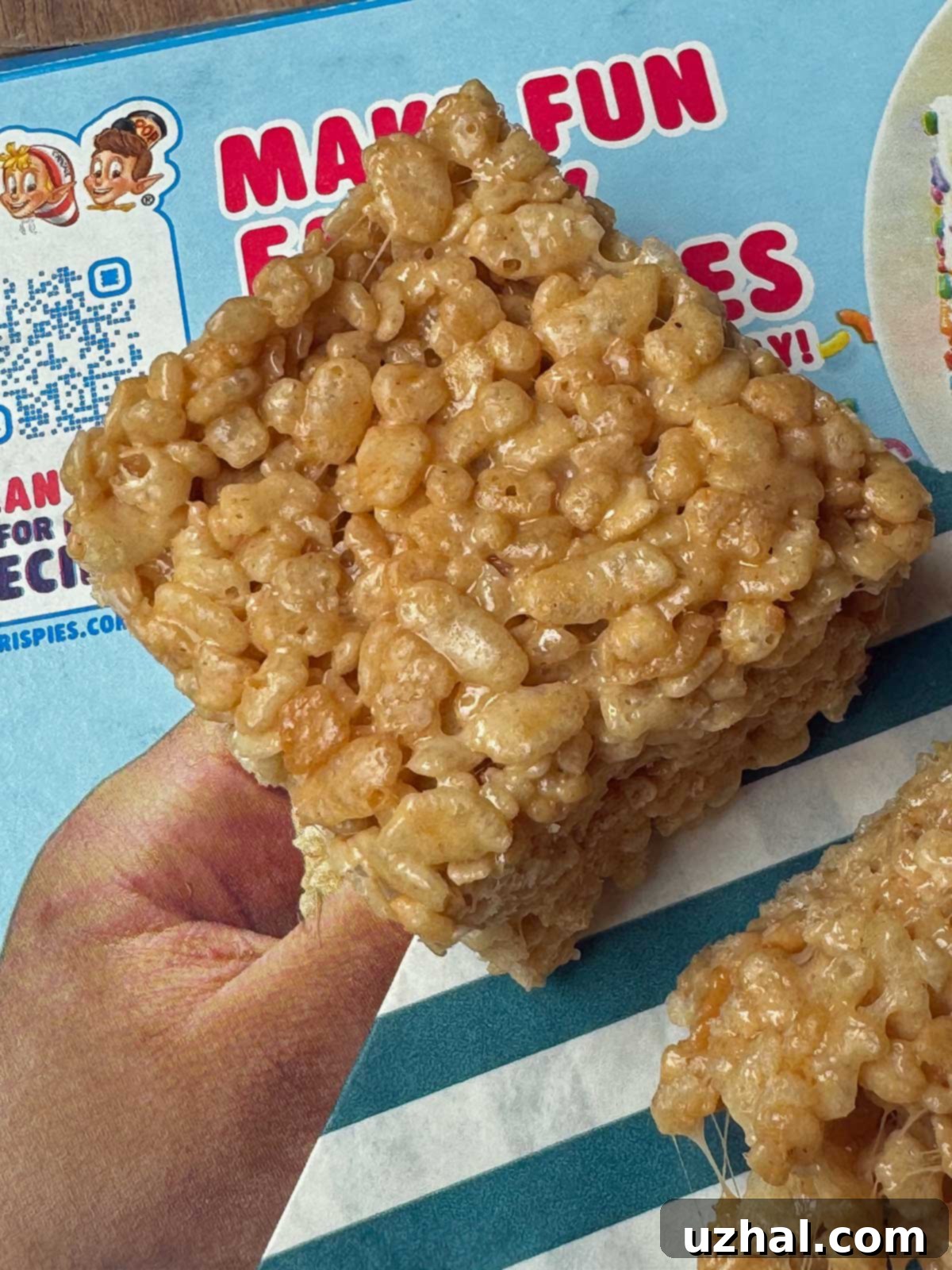 Close-up of old Marshmallow Treats recipe text, highlighting the specific ingredient proportions and instructions from a vintage 1980s cookbook.