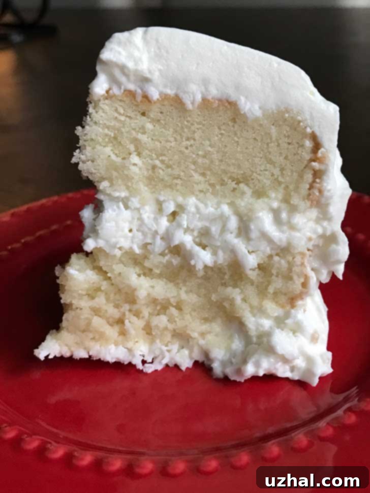 Classic Four Day Coconut Cake with stacked white cake layers and creamy frosting.