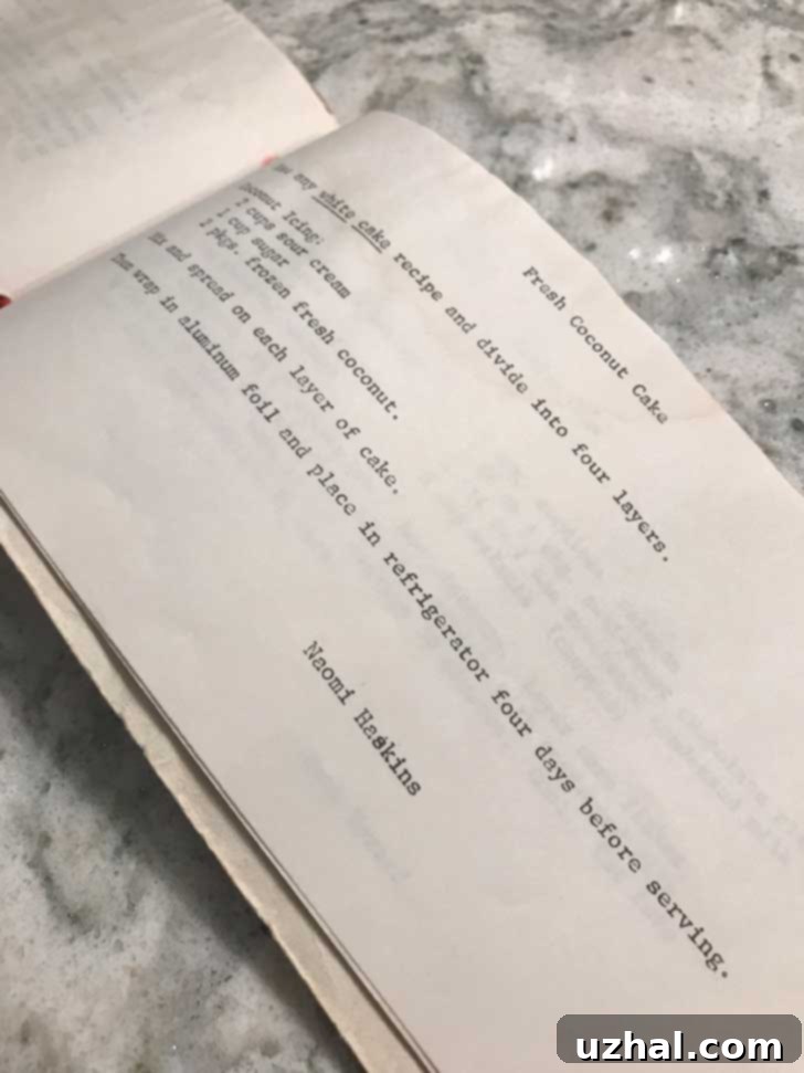 Original Four Day Coconut Cake recipe card from the old cookbook.