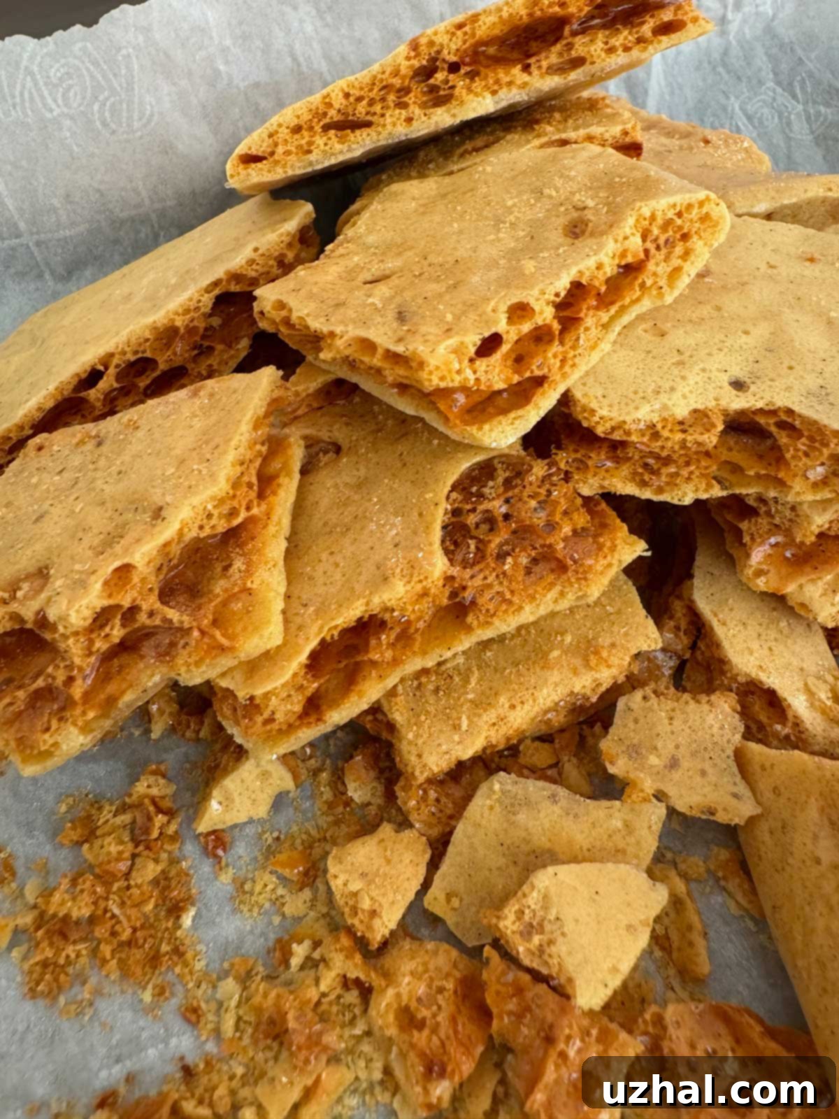 Another perspective of the Coffee Crunch Cake Candy, showing its airy and brittle texture.