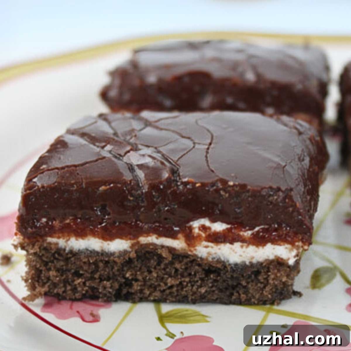 Decadent Marshmallow Fudge Bars with gooey marshmallow and rich chocolate icing