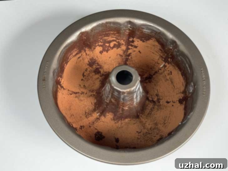 A Bundt pan greased and dusted with cocoa powder for Coconut Ring Cake.