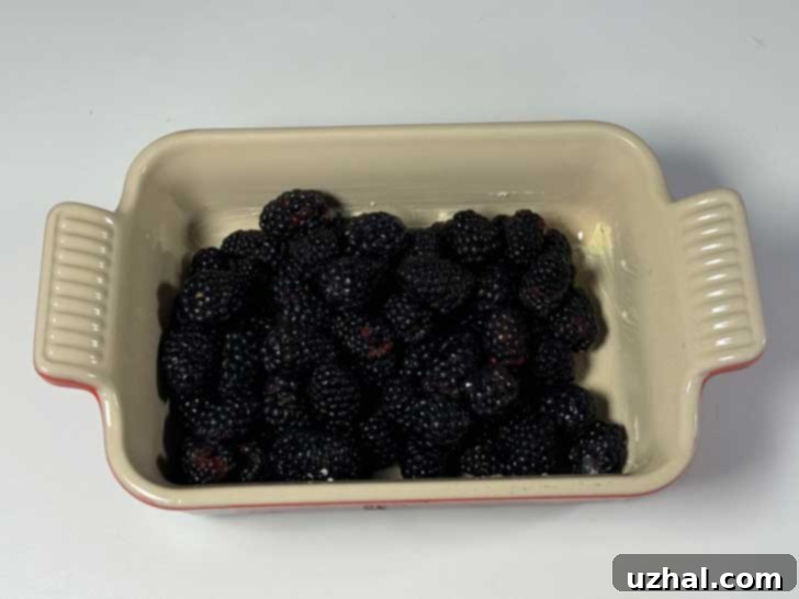 Fresh blackberries glistening with lemon juice in a greased casserole dish, ready for the Shiny Top Blackberry Cobbler.
