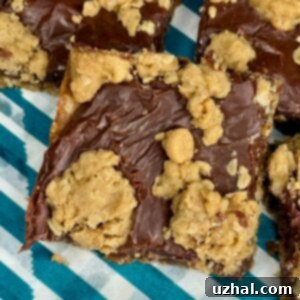 Peanut Butter Fudge Jumbles recipe baked in a 9-inch square Pampered Chef stoneware pan, showing the golden oat topping.