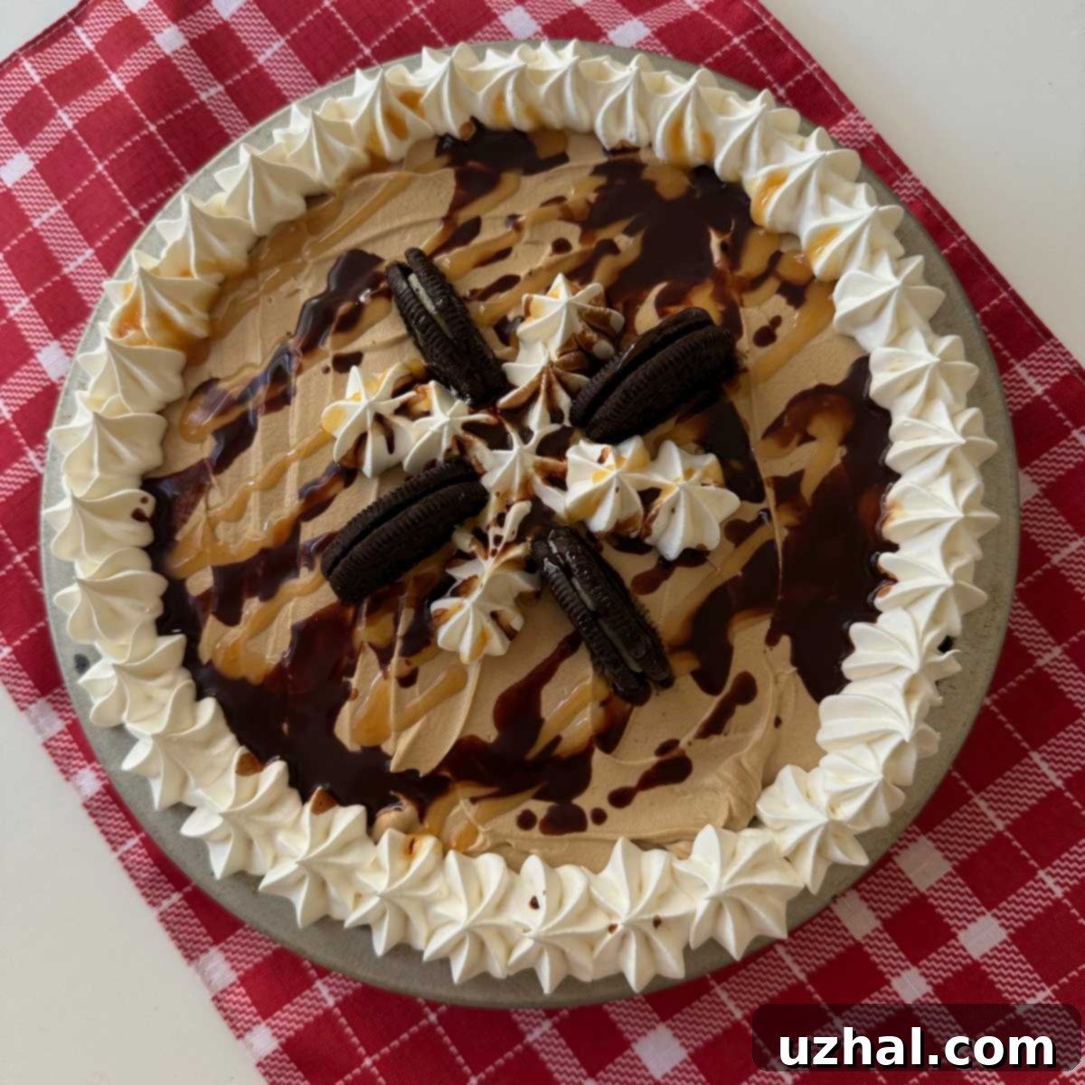 Ultimate Oreo Chocolate Mocha Delight 2 Oreo Chocolate Mocha Pie with coffee flavored whipped cream, garnished with syrups.