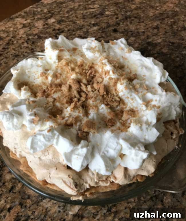 finished Butternut Brownie Pie garnished with crushed graham crackers and whipped cream
