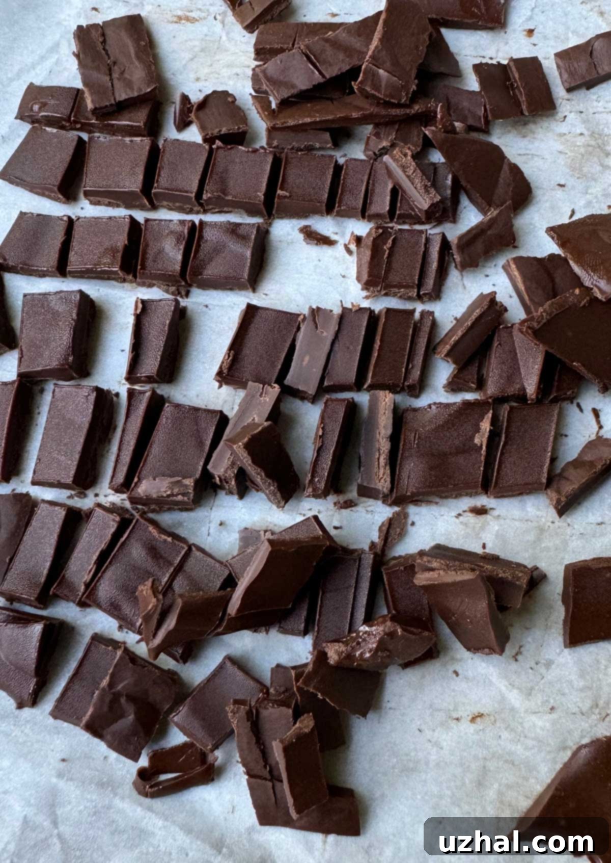 Homemade chocolate chunks for ice cream, made with dark chocolate and coconut oil for a melt-in-your-mouth texture.