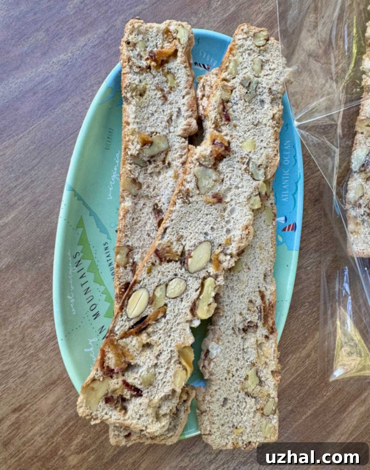 Close-up of Apple Spice Buckwheat Flour Biscotti Thins with visible apple chips and walnuts