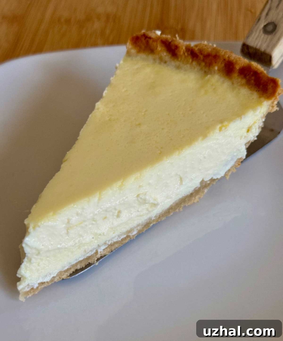 A vibrant slice of Ricotta Sour Cream Pie, showcasing its creamy texture and golden gluten-free cookie crust, ready to be enjoyed.