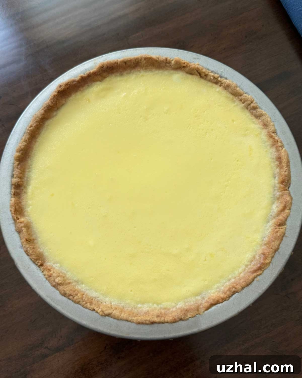 A perfectly baked Ricotta Sour Cream Pie, showcasing its golden-brown gluten-free crust and smooth, creamy filling, ready to be cooled and enjoyed.