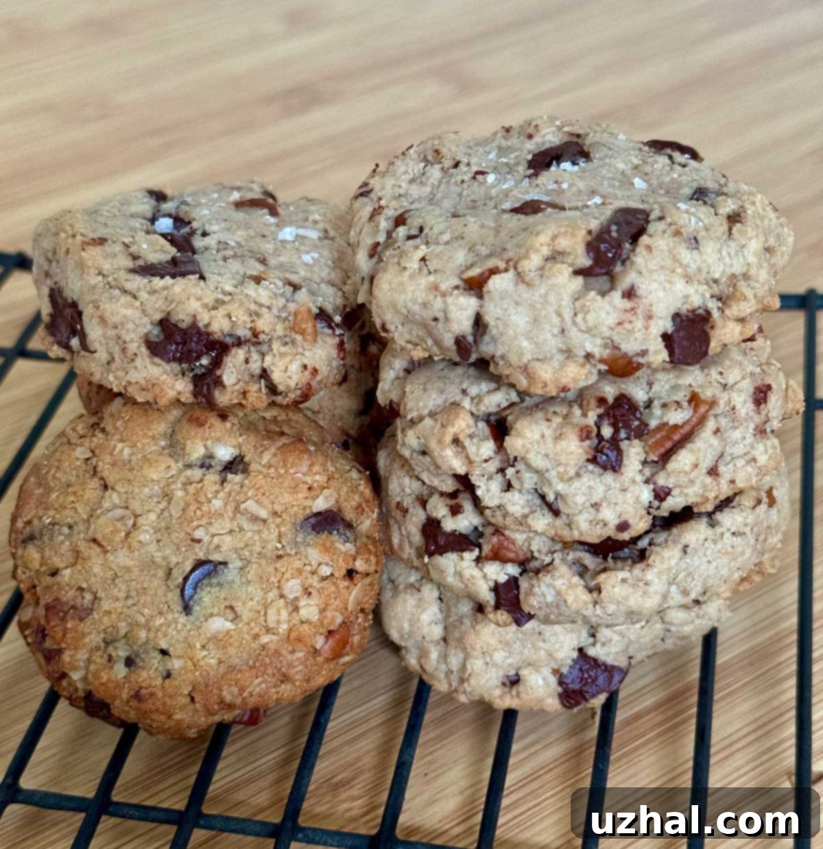 Delicious Agave Chocolate Chip Cookies made with almond flour and oats, showcasing their rich, dark color.