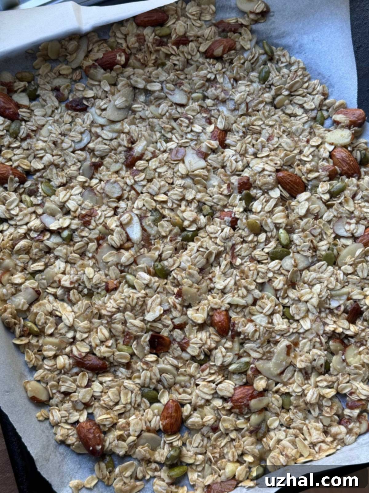 Unbaked slab of banana nut granola mixture on a parchment-lined baking sheet