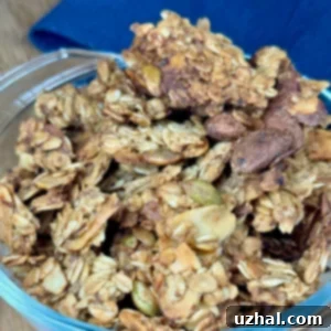 Close-up of baked Banana Nut Granola with visible clumps and nuts