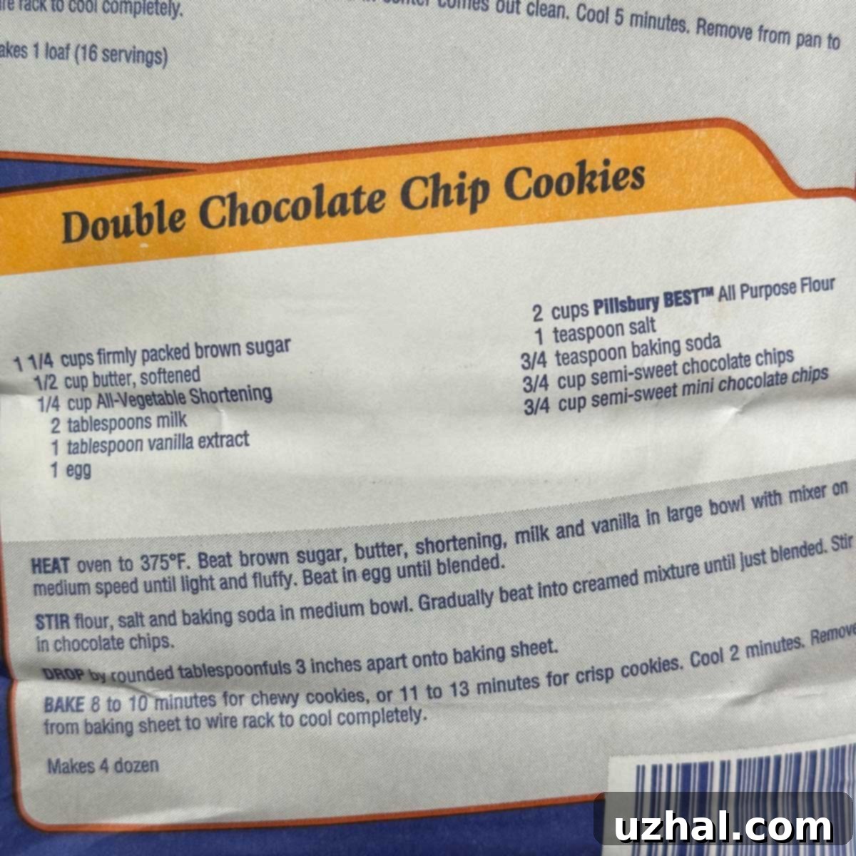 Double Chocolate Chip Cookies recipe from the back of the Pillsbury bleached flour bag. The texture is visibly soft and chewy.