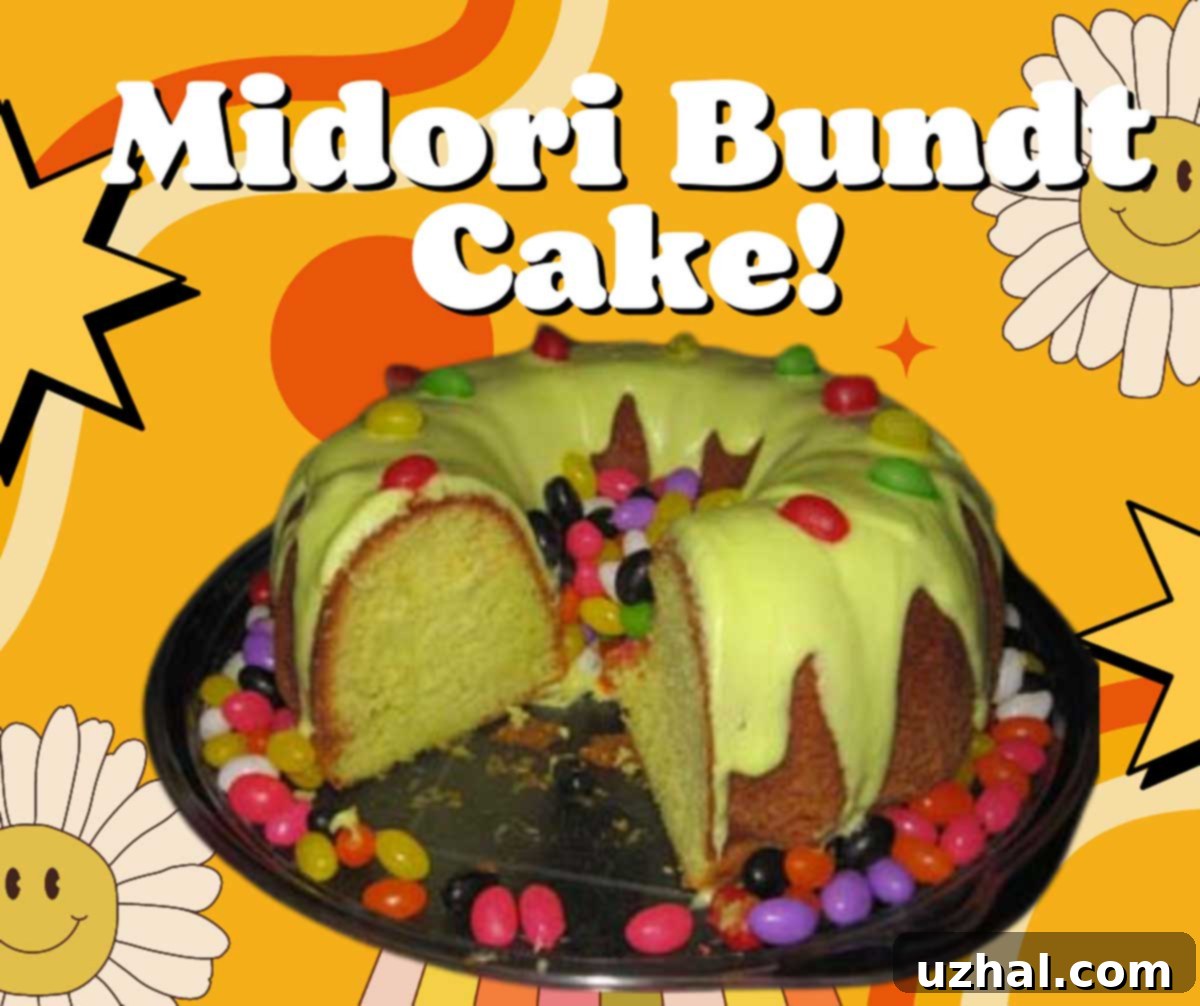Midori Melon Bundt 1 Vibrant green Midori Bundt Cake with a creamy glaze drizzled on top, ready to be served on a white plate.