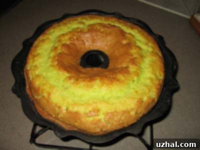 Midori Melon Bundt 4 A freshly baked Midori Bundt cake in a classic black Bundt pan, before glazing.