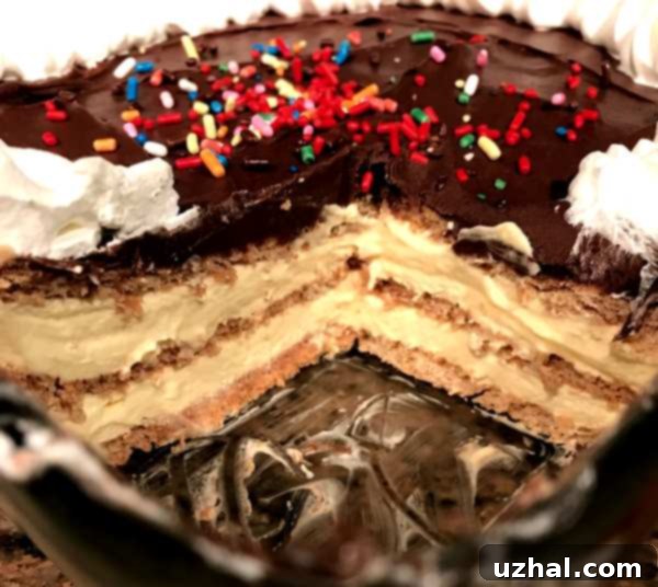 Close-up of the 8-inch pan filled with éclair cake