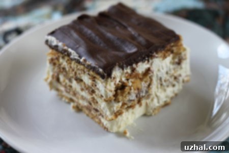 Chocolate Eclair Cake with a slice removed
