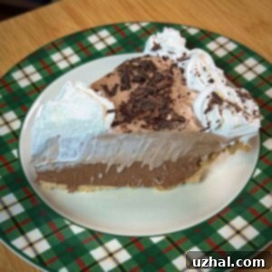 Slice of pie showing perfect layers of bittersweet whipped cream and light milk chocolate whipped cream, sitting in a graham cracker crust.