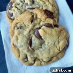 A perfectly baked Jacques Torres secret chocolate chip cookie, golden-brown with visible chocolate layers, ready to be enjoyed.