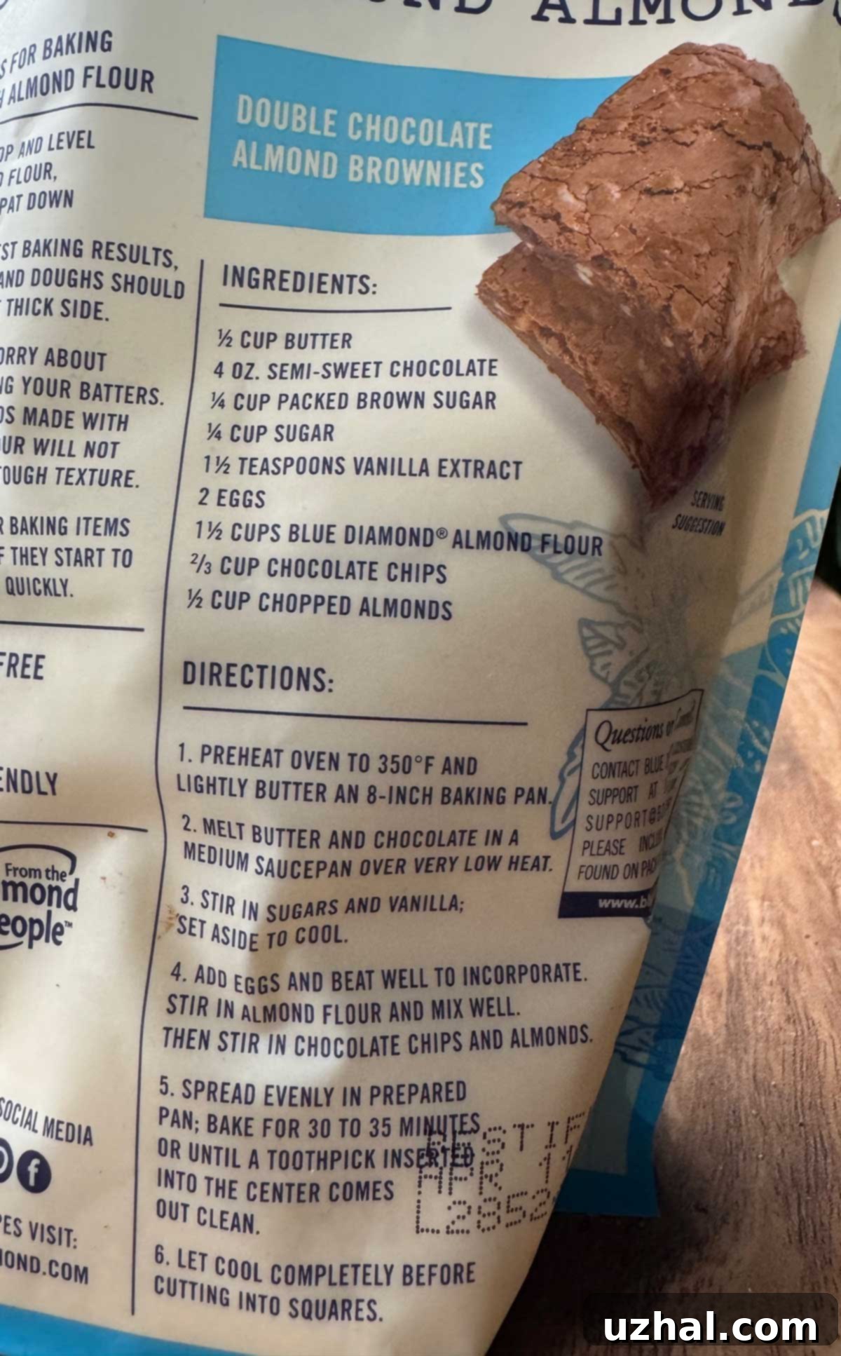The recipe from the back of the Diamond almond flour bag for Double Chocolate Brownies