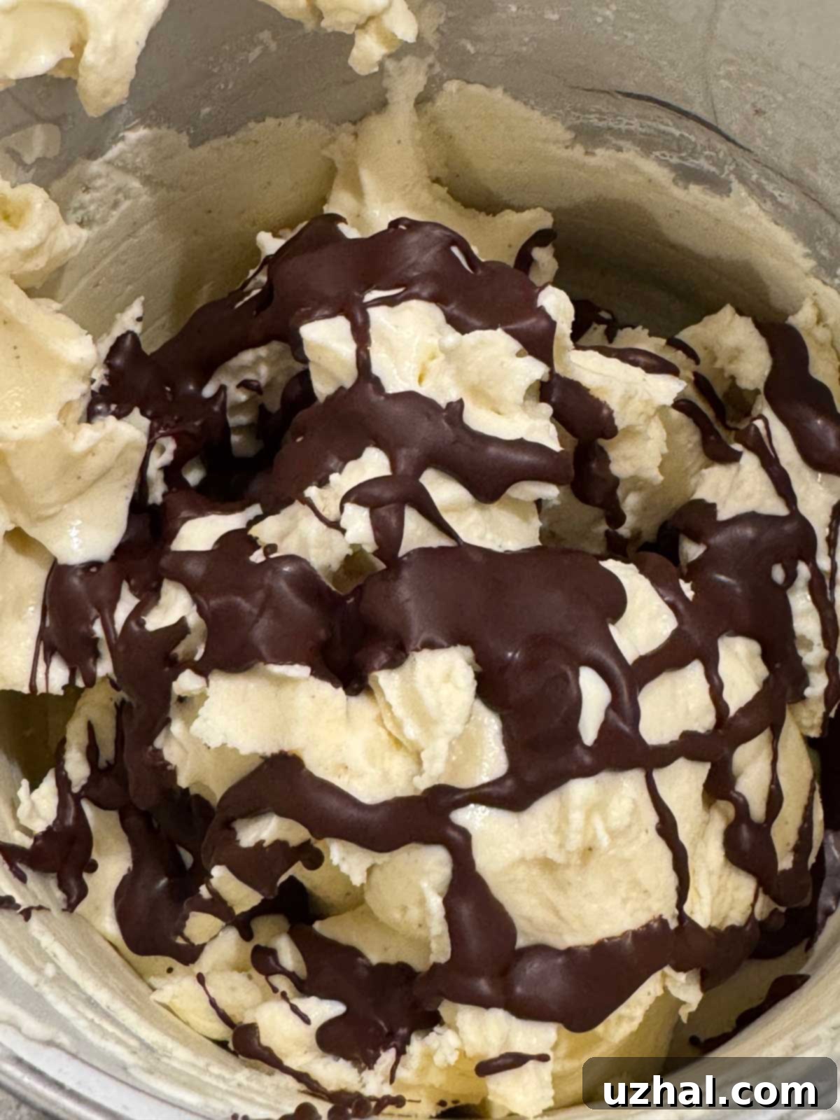 Ricotta cheese or cannoli themed ice cream with melted chocolate and coconut swirled through, ready for chilling.