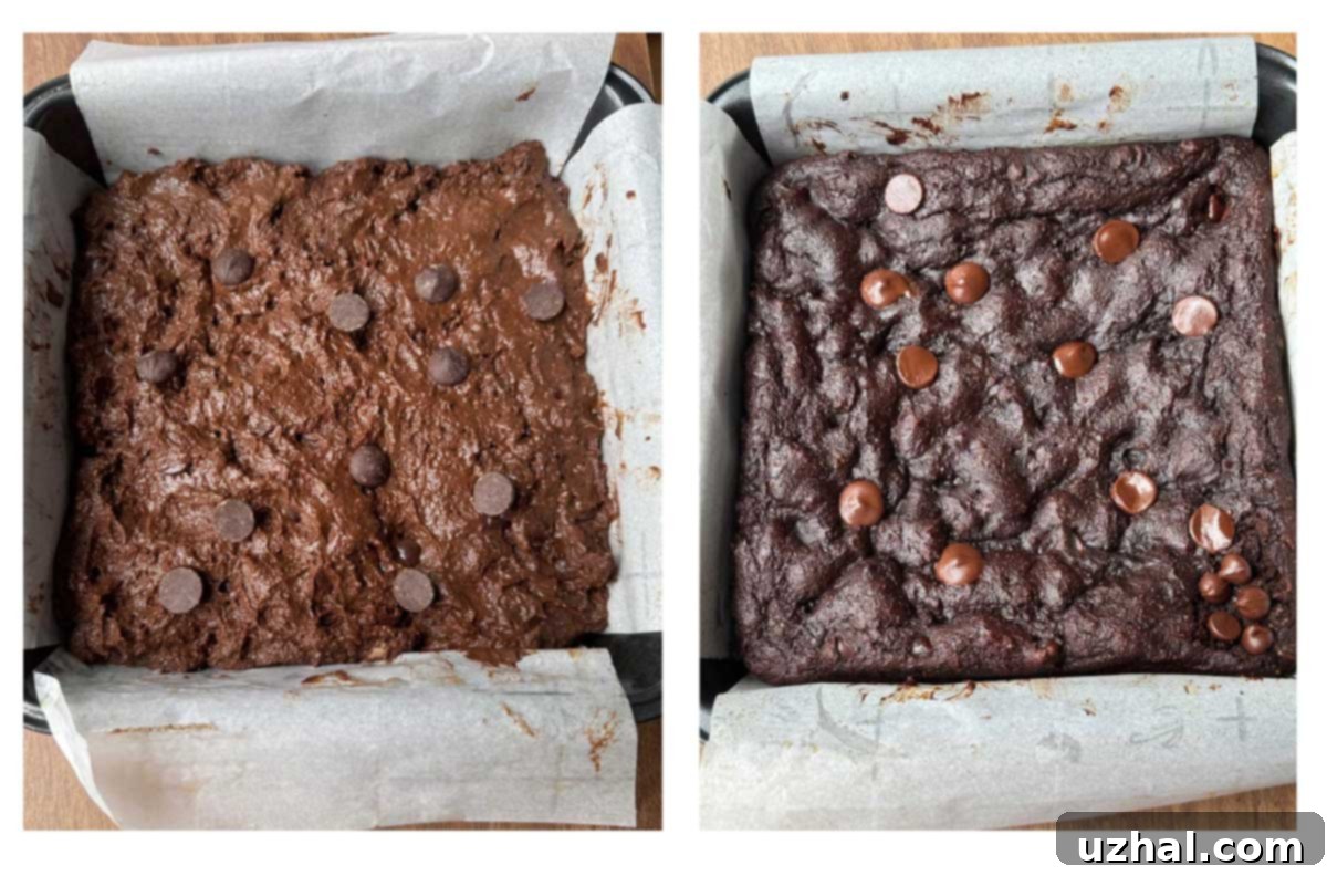 Oat Fiber Brownies batter and baked brownies shown side by side in an 8-inch square pan, highlighting the transformation.
