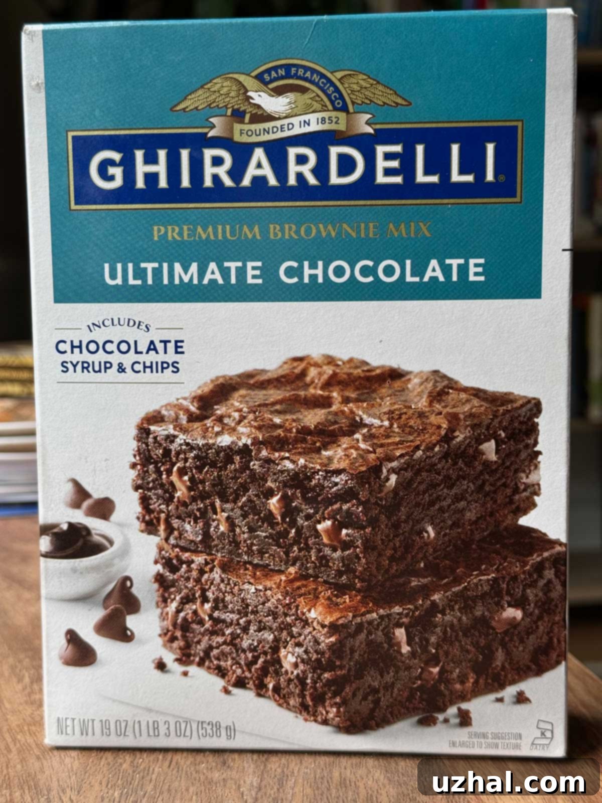 Ghirardelli Brownie Mix box, highlighting the key ingredient for this copycat recipe.
