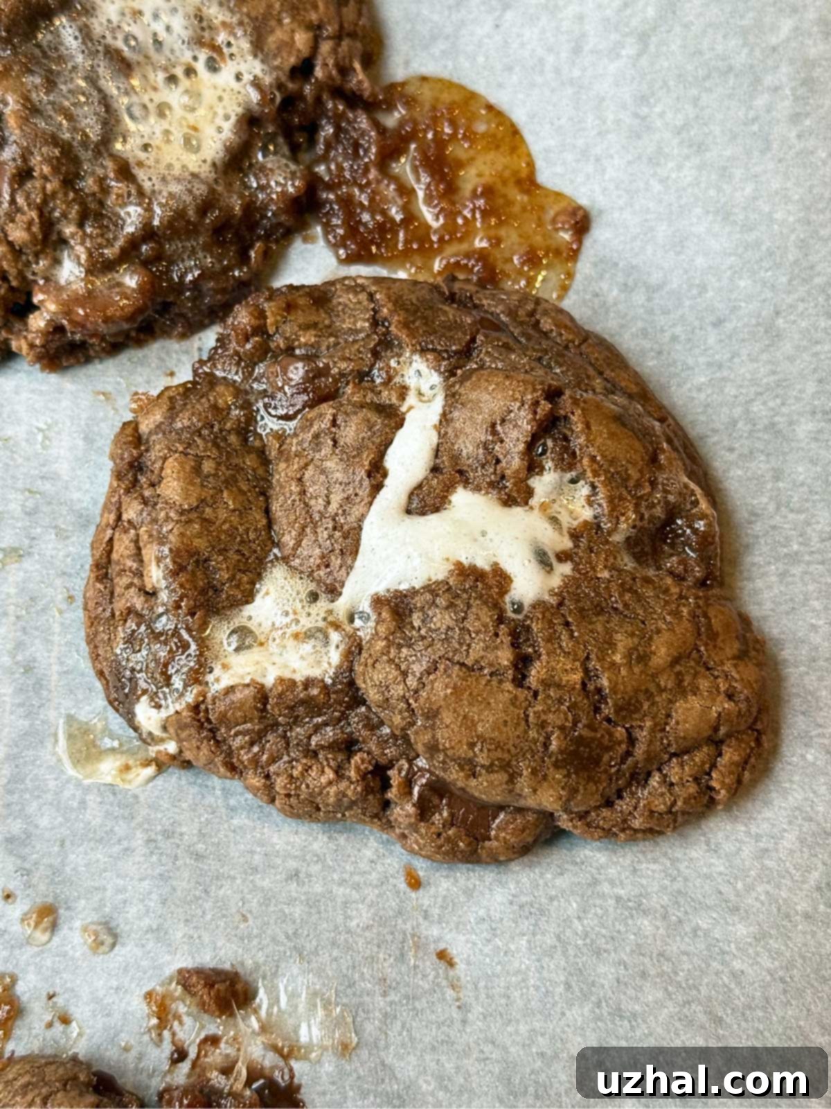 Espresso Marshmallow Delights 2 Freshly baked Espresso Marshmallow Cookies spreading on parchment paper, showcasing their rich color and melted centers.