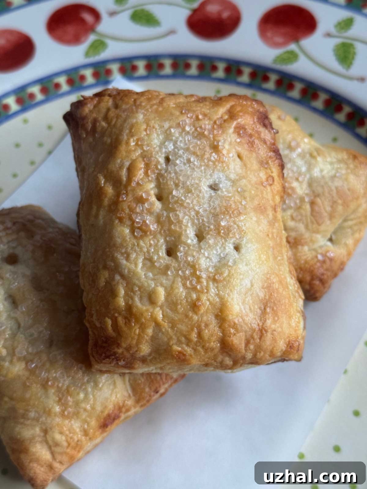 Golden Sweet Apple Pockets 2 Close-up of golden brown Puff Pastry Apple Hand Pies on a baking sheet, showcasing their flaky crust and apple filling.