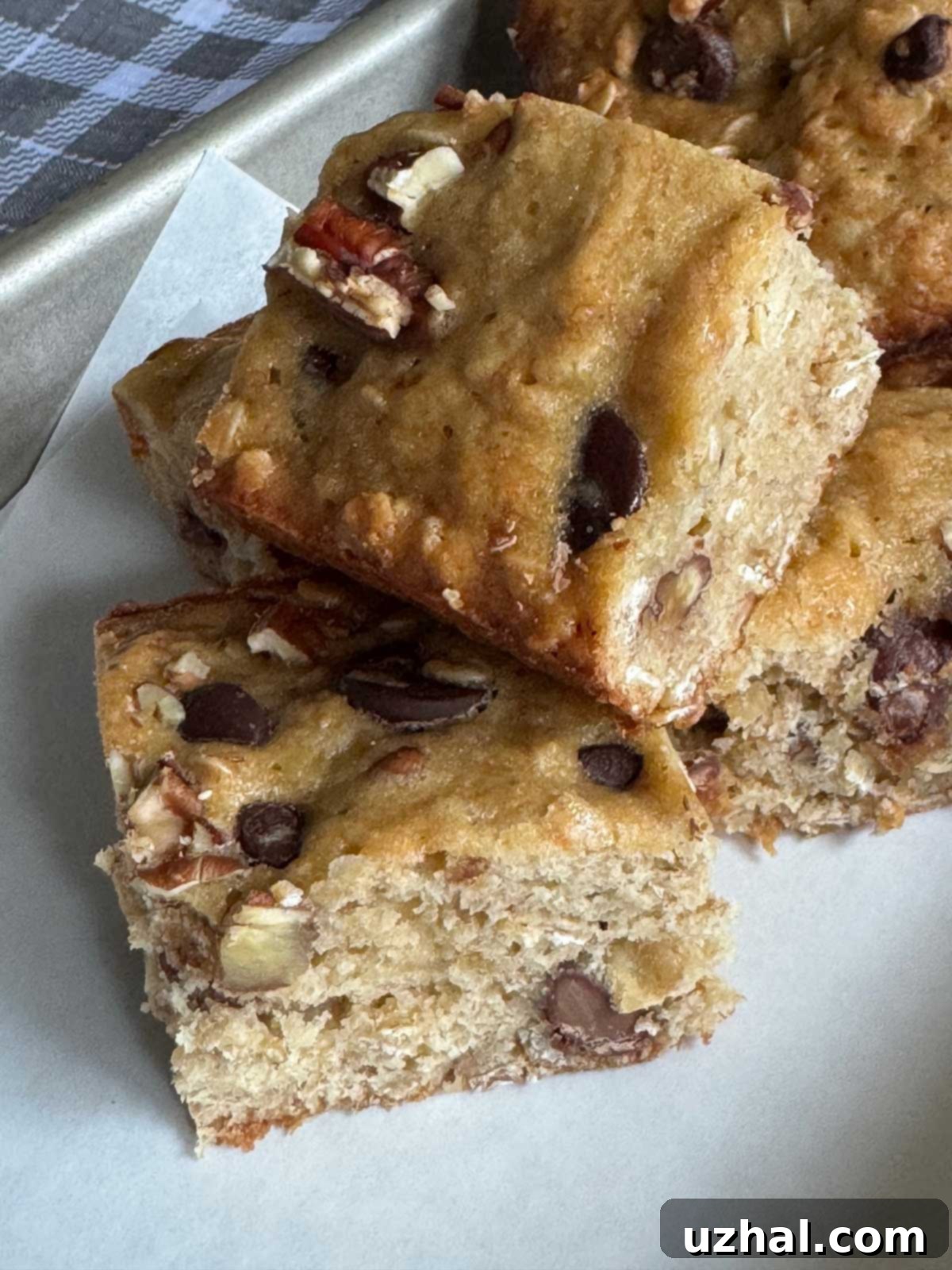 Decadent Brown Butter Banana Chocolate Chip Bars 2 Banana Chocolate Chip Bars recipe with browned butter, showcasing a golden-brown top and melted chocolate chips.