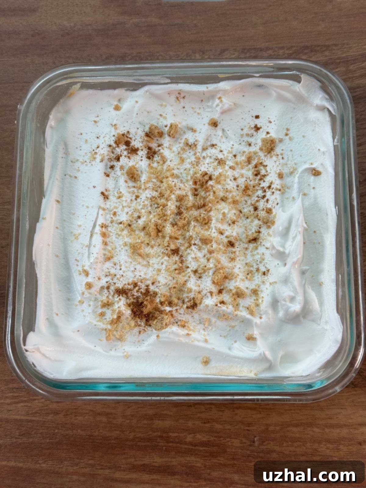 Close-up of the layers in a Dulce de Leche Pumpkin Dessert recipe, showing graham crackers, pumpkin filling, and dulce de leche.