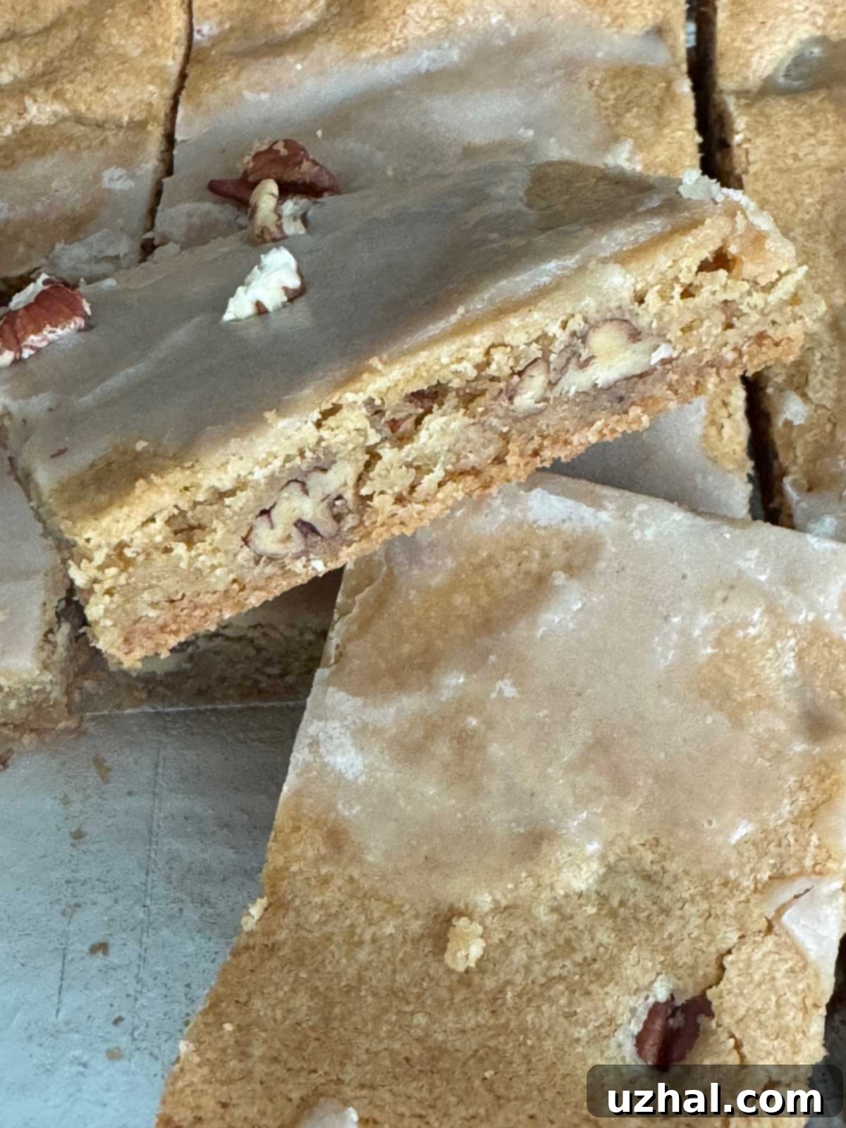 Brown Butter Maple Pecan Blondie Bars 3 Detailed shot of the texture of Brown Butter Toasted Pecan Maple Sheet Pan Cookies, highlighting the pecans.